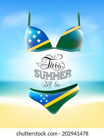 Swimsuit. Lettering. Seascape. Sun. Inscription. Summer landscape. Painted on a bathing suit. Panties and bra. Background.  Flag of Solomon Islands