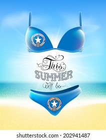 Swimsuit. Lettering. Seascape. Sun. Inscription. Summer landscape. Painted on a bathing suit. Panties and bra. Background.  Flag of Northern Mariana Islands