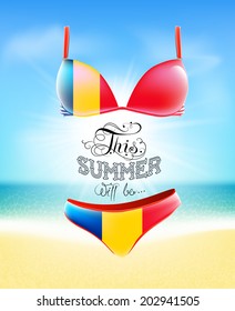 Swimsuit. Lettering. Seascape. Sun. Inscription. Summer landscape. Painted on a bathing suit. Panties and bra. Background.  Romanian flag