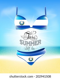 Swimsuit. Lettering. Seascape. Sun. Inscription. Summer landscape. Painted on a bathing suit. Panties and bra. Background.  Flag of El Salvador