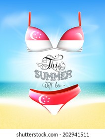 Swimsuit. Lettering. Seascape. Sun. Inscription. Summer landscape. Painted on a bathing suit. Panties and bra. Background.   Flag of Singapore