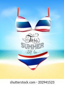 Swimsuit. Lettering. Seascape. Sun. Inscription. Summer landscape. Painted on a bathing suit. Panties and bra. Background.  Flag of Thailand