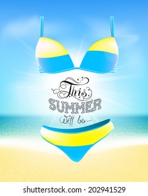 Swimsuit. Lettering. Seascape. Sun. Inscription. Summer landscape. Painted on a bathing suit. Panties and bra. Background.  Vector. Ukrainian flag