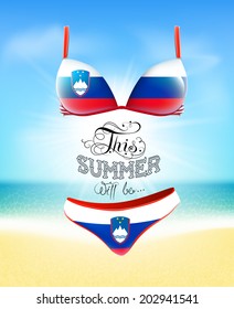 Swimsuit. Lettering. Seascape. Sun. Inscription. Summer landscape. Painted on a bathing suit. Panties and bra. Background.  Flag of Slovenia