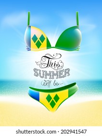 Swimsuit. Lettering. Seascape. Sun. Inscription. Summer landscape. Painted on a bathing suit. Panties and bra. Background.  Vector. Flag of Saint Vincent and the Grenadines