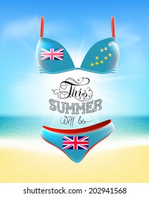 Swimsuit. Lettering. Seascape. Sun. Inscription. Summer landscape. Painted on a bathing suit. Panties and bra. Background.  Vector.  Flag of Tuvalu