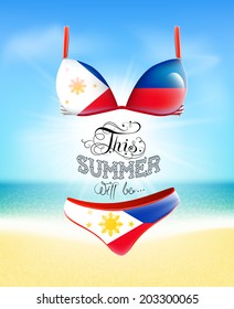 Swimsuit. Lettering. Seascape. Sun. Inscription. Summer landscape. Painted on a bathing suit. Panties and bra. Background.  Vector. The flag of the Philippines