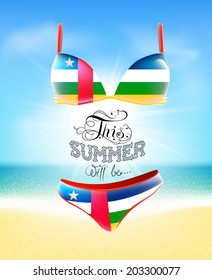 Swimsuit. Lettering. Seascape. Sun. Inscription. Summer landscape. Painted on a bathing suit. Panties and bra. Background.  Vector. Flag of Central African Republic