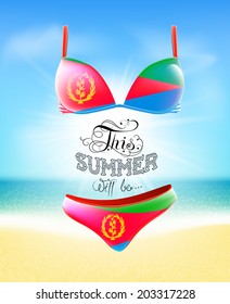 Swimsuit. Lettering. Seascape. Sun. Inscription. Summer landscape. Painted on a bathing suit. Panties and bra. Background.  Vector.  Flag of Eritrea