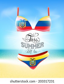 Swimsuit. Lettering. Seascape. Sun. Inscription. Summer landscape. Painted on a bathing suit. Panties and bra. Background.  Vector. Flag of Ecuador