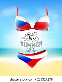 Swimsuit. Lettering. Seascape. Sun. Inscription. Summer landscape. Painted on a bathing suit. Panties and bra. Background.  Vector.  Flag of the Czech Republic