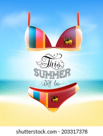 Swimsuit. Lettering. Seascape. Sun. Inscription. Summer landscape. Painted on a bathing suit. Panties and bra. Background.  Vector.  Flag of Sri Lanka