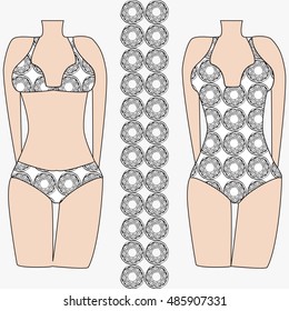 swimsuit model with a complex geometric pattern. Mandala based illustration. Vector illustration. It is intended for design, printing on fabric, textile