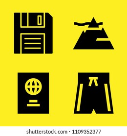 swimsuit, mountain, diskette and passport vector icon set. Sample icons set for web and graphic design