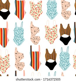 Swimsuit one piece vector seamless pattern.Hand drawn panties. White background.