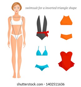 Swimsuit options suitable for the type of figure inverted triangle. Fashionable swimsuits for various female figures. Vector banner.