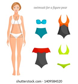 Swimsuit options suitable for the type of figure pear. Swimwear for the triangular shape of the body. Beach fashion. Vector illustration.