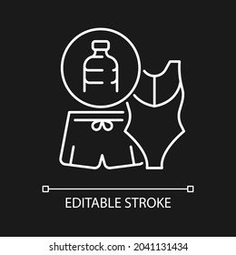 Swimsuit from plastic bottles white linear icon for dark theme. Recycled plastic waste. Thin line customizable illustration. Isolated vector contour symbol for night mode. Editable stroke