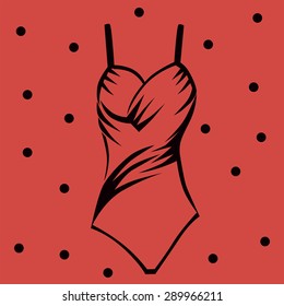 Swimsuit. Red background with black dots.