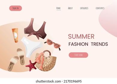 Swimsuit, sandals, seashells. Beach Holidays, Summer vacation, Leisure, Recreation, Fashion concept. Vector Illustration.
