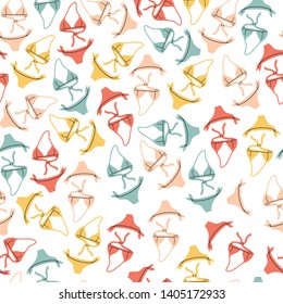 Swimsuit seamless pattern. Bikini hand drawn cartoon doodle summer background. Stock vector