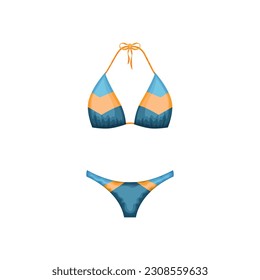 Traje de baño. Un bañador independiente es azul y amarillo. Trajes de baño de colores. Ropa para unas vacaciones en la playa. Ropa femenina. Ilustración del vector