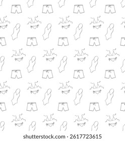 Bañador y pantalones cortos de Vector sin patrón. Ilustración de tinta de línea gráfica de Vector. Anuncio, cartel, papel de embalaje, etiqueta engomada, impresión, diseño textil moderno. Para el logotipo, Web, paquete, etiqueta engomada.
