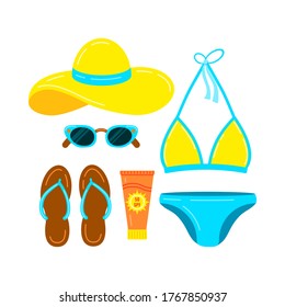 Swimsuit, slippers, hat, sunglasses and sunscreen vector icon set isolated on white background. Flat design cartoon style women clothes illustration. Women summer beach accessories sign collection.