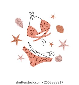 Swimsuit with starfish and shells. Summer vibe. Vector illustration isolated on white background