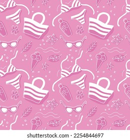 Swimsuit, sunglasses, beach bag, sun cream, ice cream cone. Set of accessories for a beach holiday, a starfish and flowers vector seamless pattern white on a pink background