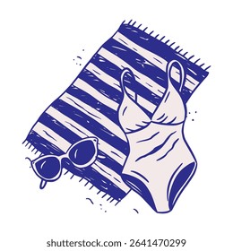 Swimsuit, Sunglasses And Towel On Beach Retro Sketch Whimsical Doodle Cartoon Illustration