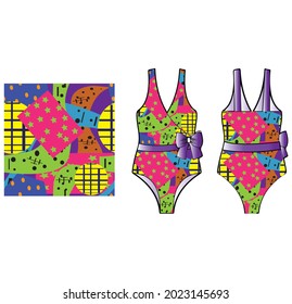 swimsuit technical drawing and geometric patterned fabric dressing process