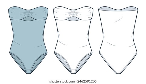 Ilustración técnica de la moda del traje de baño. Plantilla de dibujo técnico plano de la moda del traje del hombro, drapeado, recorte, vista delantera y trasera, blanco, azul, conjunto de maqueta de las mujeres de CAD.