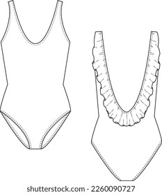 Swimsuit Technische Flachzeichnung CAD Vektorgrafik - Vorder- und Rückseite Umrisse für die Mode- und Textilherstellung, Bekleidungs-Vorlage und Kleidungsdetails, einsatzbereit für die Silhouette für Tech-Pack. 