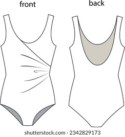 
dibujo de plantilla de traje de baño con detalles asimétricos de cuerda de dibujo, ropa de playa en blanco delantero y trasero