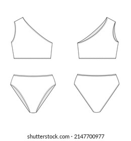 Swimsuit vector illustration isolated on white background, front and back view. Technical drawing for fashion design. Top and bottom
