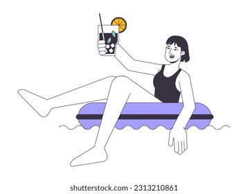 Mujer de traje de baño en la ilustración de manto plano de línea inflable. Esbozo de dibujos animados en 2D para chicas de vacaciones en blanco para diseño de interfaz de usuario web. Piscina divertida editable imagen de héroe de color aislado y coloreado