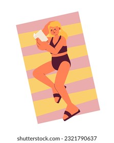 Swimsuit Frau liegt mit Buch am Strand halb flach bunter Vektorgrafik. Lesen Sie den Strang. Der Sommer las. Bearbeitbare Vollkörperperson auf weiß. Einfache Cartoon-Spot-Illustration für Web-Grafikdesign