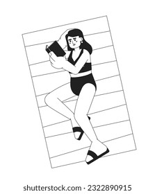 Swimsuit Frau liegt mit Buch auf Strand monochromatischen flachen Vektorgrafik. Lesen Sie den Strang. Der Sommer las. Bearbeitbare Zeile Ganzkörper Person auf weiß. Einfaches bw.-stichfoto-Bild für Web-Grafikdesign