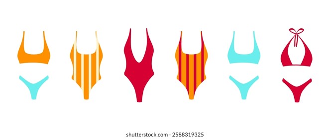 Swimsuits of different colors and models. Vector illustration flat style. Summer set