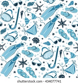 Swimsuits and flip flops background in vintage color. Illustration of swimsuits, masks, shells, flippers and sunglasses. Summer vacations seamless pattern. Hand drawn beach accessories in retro style.