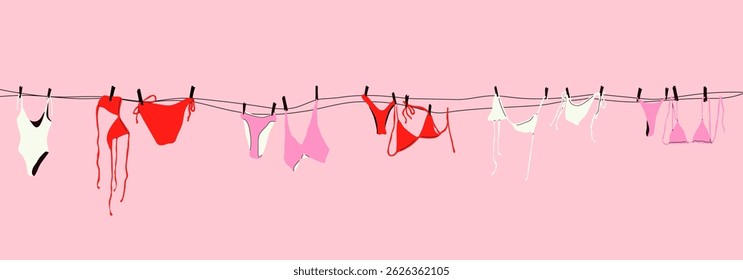 Swimsuits Hanging on a Clothesline. Pink Background Outdoor Scene