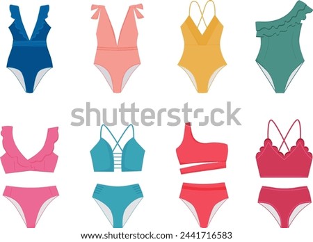 Swimsuits set. One piece swimsuits and bikini collection. Ladies clothes for swimming and vacation. Femaile swimwear fashion. Vector illustration on white background. 
