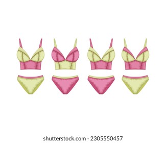 Trajes de baño. Conjuntos de bañadores separados de color rojo y verde. Accesorio de playa para mujeres. Traje de baño. Vector