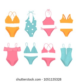 Swimsuits set. Swimwear, bikini. Beach fashion. Women clothes. Vector