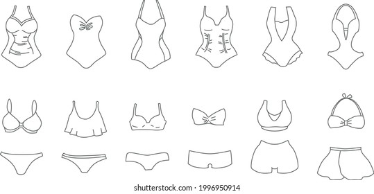 Swimsuits Sketch Icon Set. Bikini And One Piece Swimming Suit Doodle. 