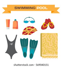 Swimwear and accessories for swimming. Bathing suit, swimming trunks, goggles, towel, flip flips, swim cap, soap. Flat cartoon isolated vector illustration