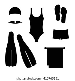 Swimwear and accessories for swimming. Black and white swimming icons. Bathing suit, swimming trunks, goggles, towel, flip flips, swim cap and fins.