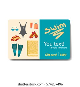 Swimwear and accessories for swimming. Club card or flyer. Sale discount gift card. Branding design for swimming pool. 
