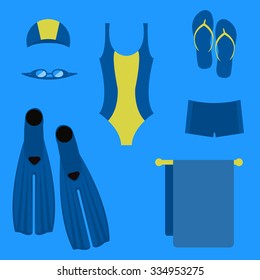 Swimwear and accessories for swimming. Flat swimming icons. Bathing suit, swimming trunks, goggles, towel, flip flips, swim cap and fins.